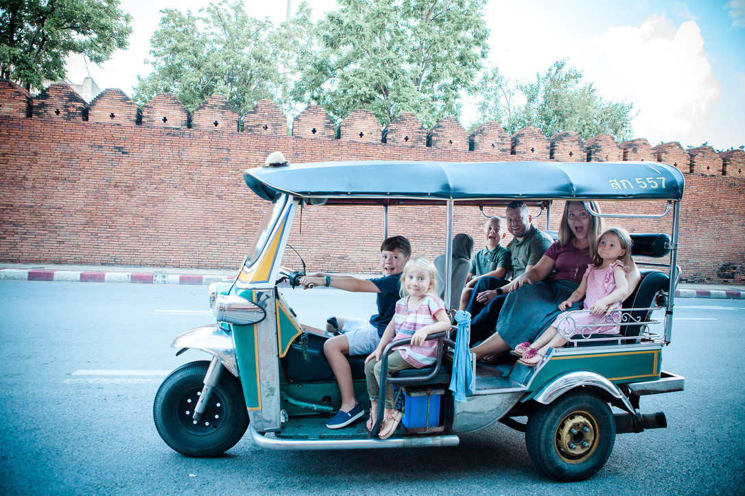 The Derington family together in a tuk-tuk